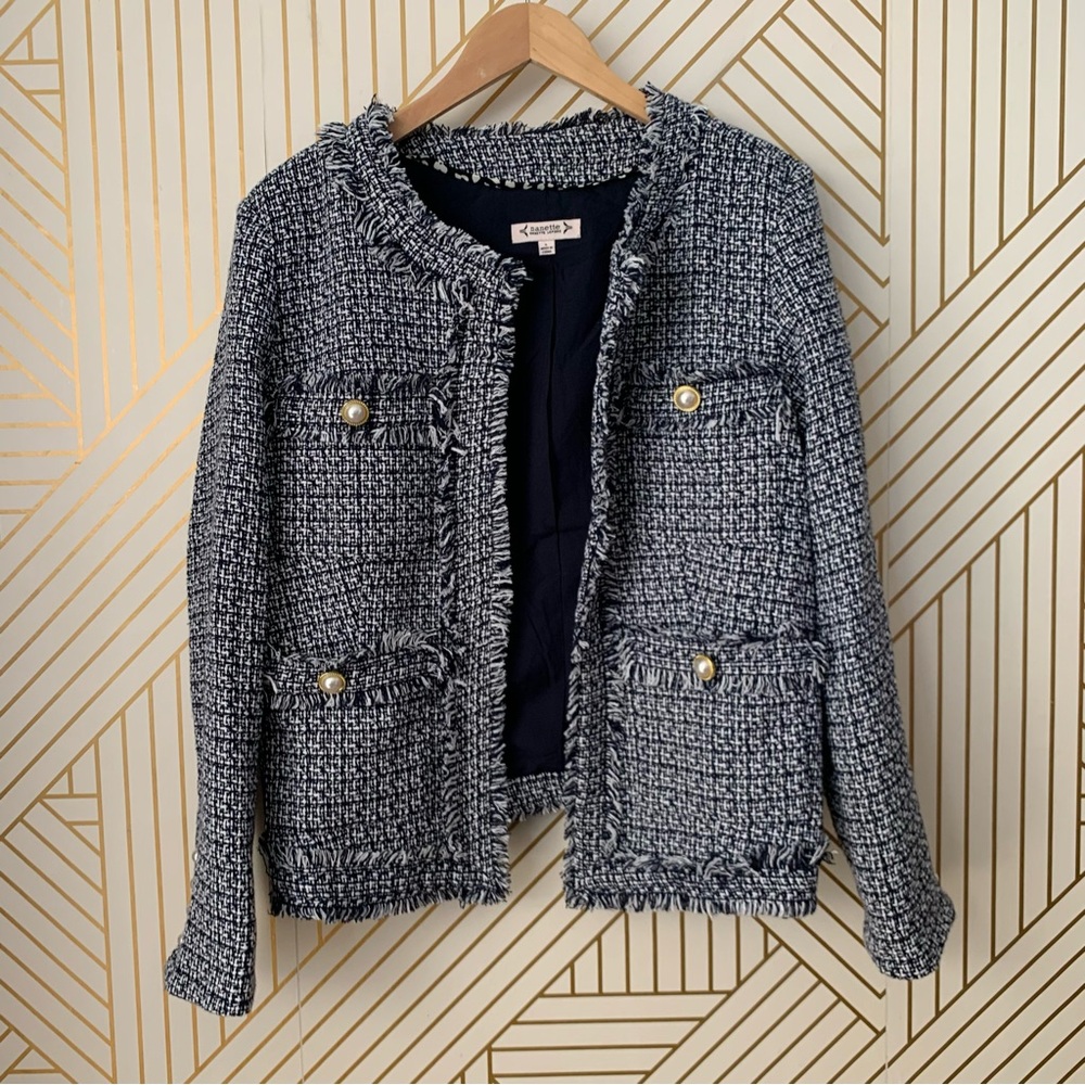 Nanette Lapore Tweed boucle Jacket Pearl Gold Buttons pockets Chanel vibes L